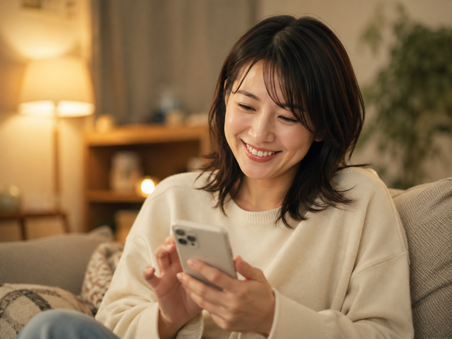 自宅でスマホを見ながら笑顔の女性